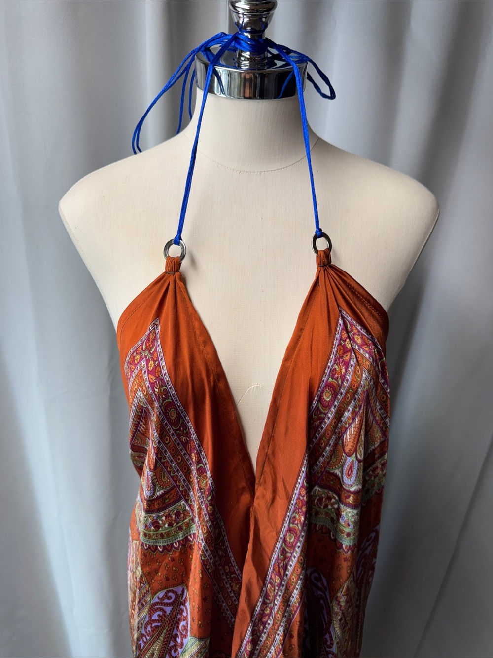 Rust Orange Paisley Halter Maxi Dress with Blue Tie